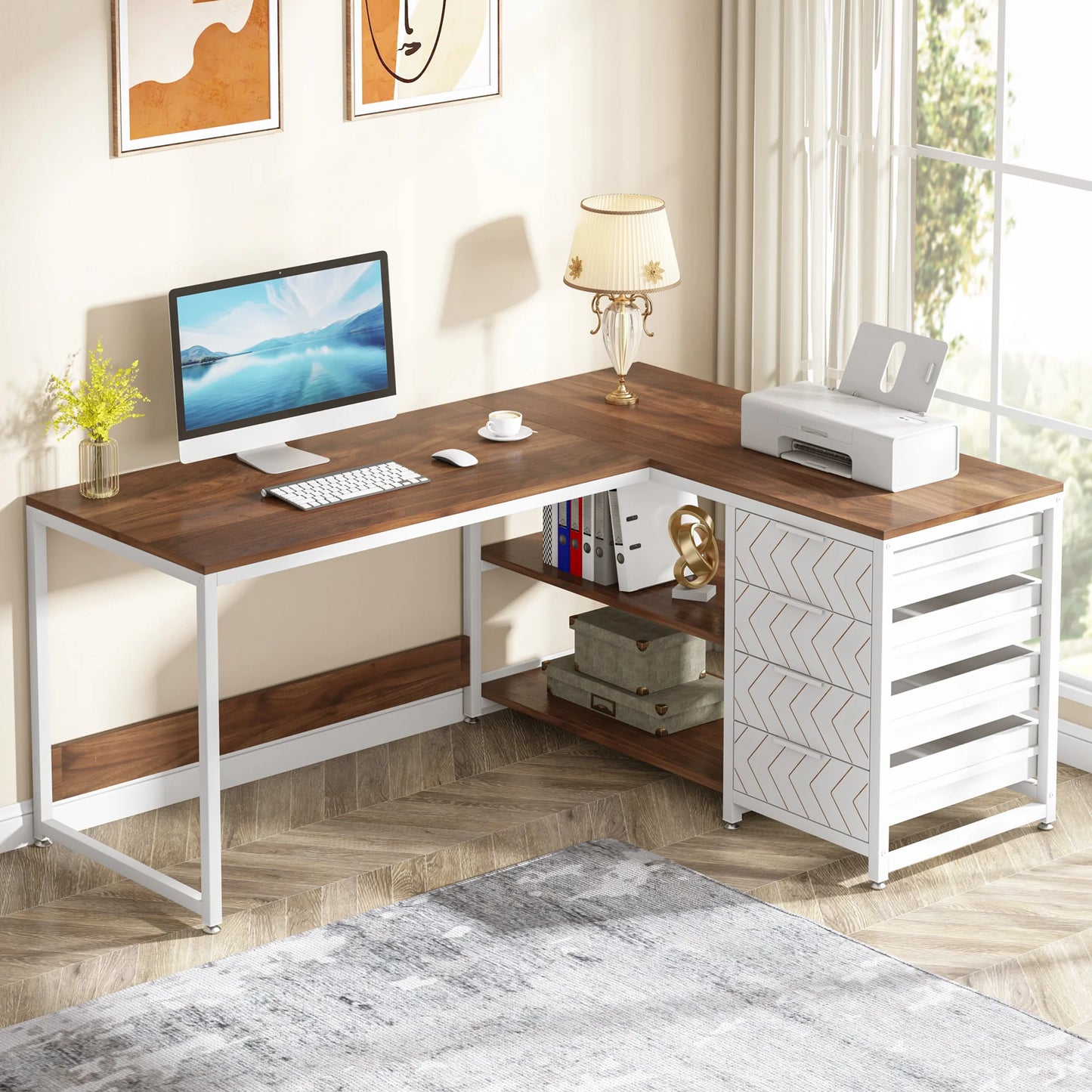Tribesigns L Shaped Computer Desk with Storage Drawers, 59 inch Corner Desk with Shelves, Reversible L-Shaped Office Desk Study