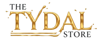Logo of The Tydal Store with gold text on a white background