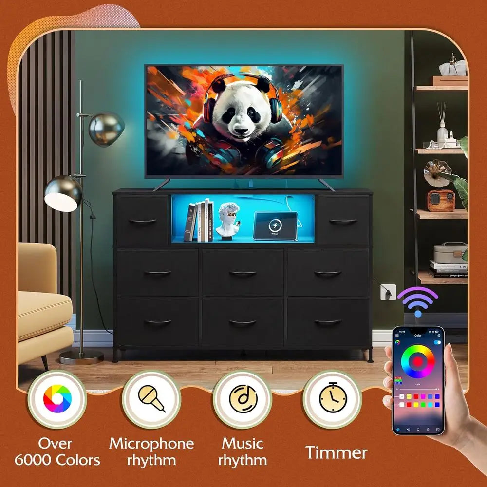 45-55 Inch TV Stand with LED Lights, Charging Station, 8 Drawers and Open Shelves for Living Room and Hallway