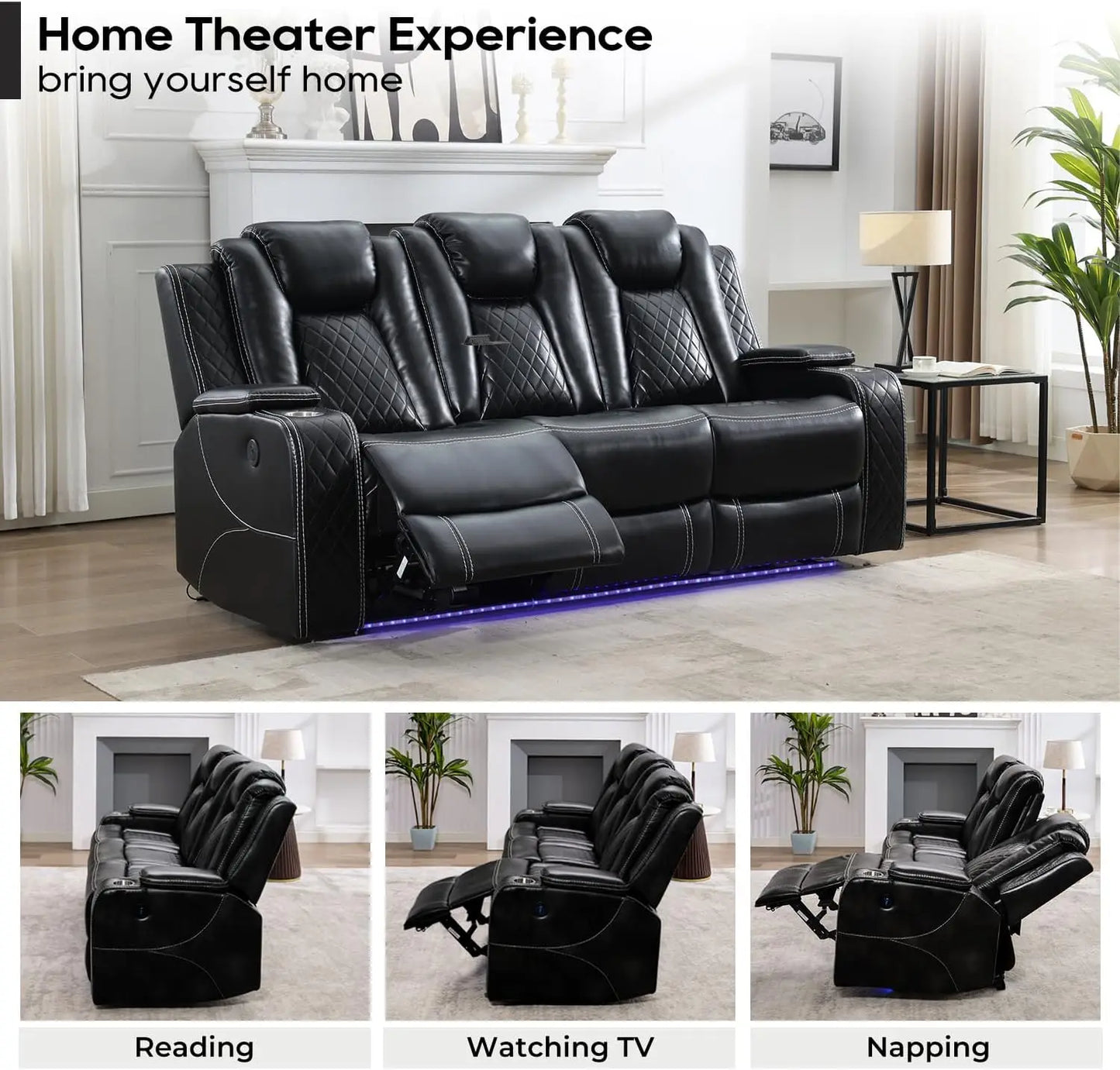 TODRANI Power Reclining Sofa 0 Gravity w/ Wireless Charger,LED Floor Lights,Reading Light, Drop-down Table USB/Type-C Port(070)