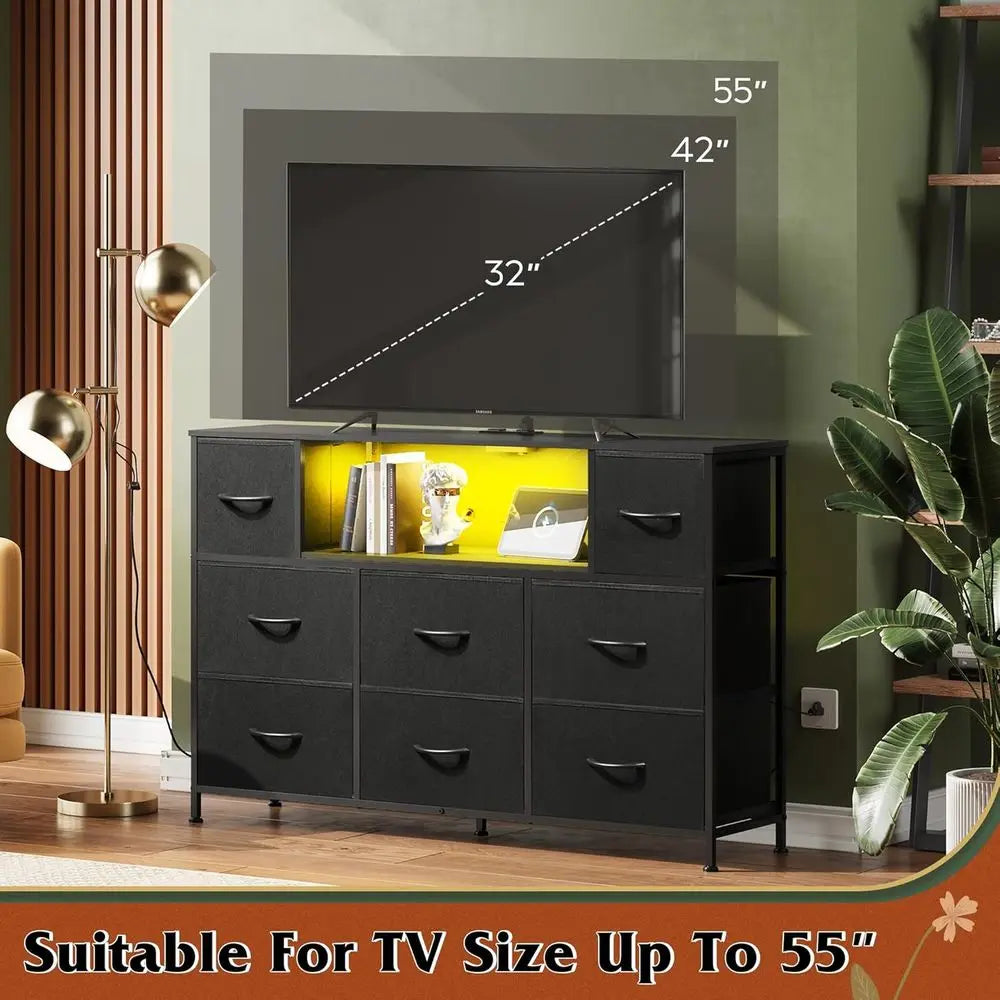 45-55 Inch TV Stand with LED Lights, Charging Station, 8 Drawers and Open Shelves for Living Room and Hallway