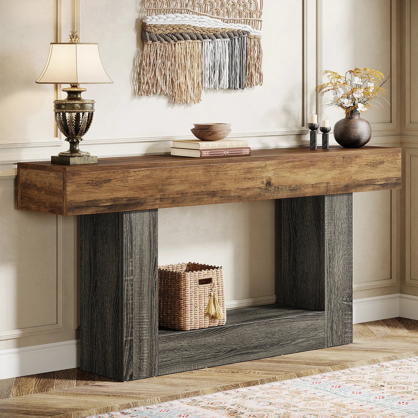 Tribesigns 63" Console Table, Farmhouse 2-Tier Entryway Table with U-Shaped Base, Narrow Long Wood Sofa Table Behind Couch Table