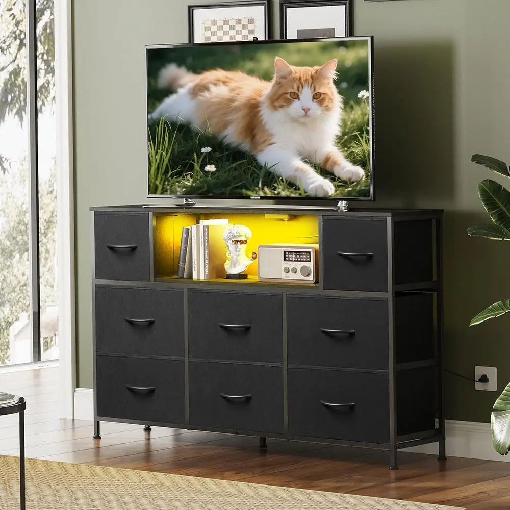 45-55 Inch TV Stand with LED Lights, Charging Station, 8 Drawers and Open Shelves for Living Room and Hallway