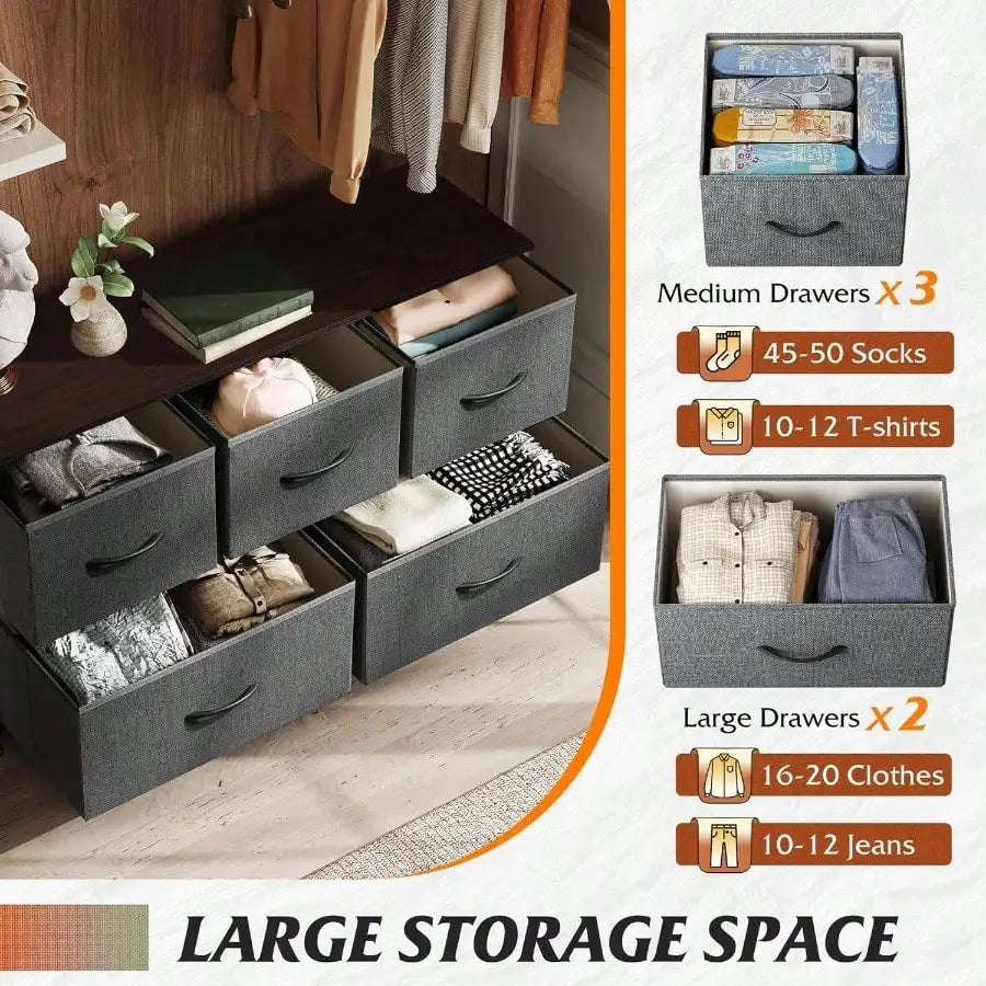 5-Drawer Fabric Dresser – Wide Storage Organizer with Bins for Bedroom, Closet, Living Room, Hallway (Dark)