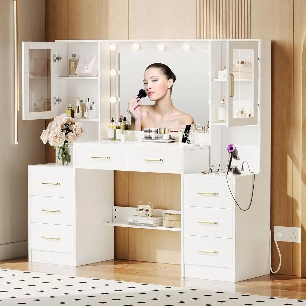8-Drawer 2-Cabinet Vanity Desk with Mirror, Lights, and Charging Station for Bedroom Makeup Area