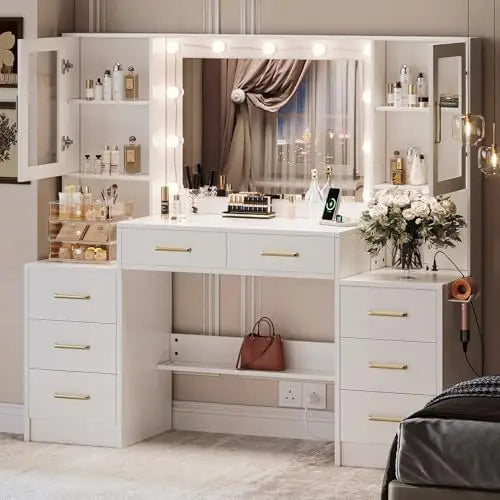 58.3' Vanity Desk with Mirror, Lights & Charging Station, 8 Drawers, 2 Cabinets