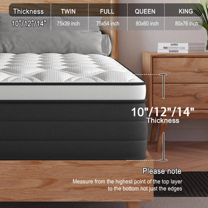 12Inch Gel Memory Foam Hybrid Pocket Spring Mattress Twin Full Queen King Bed Mattress In A Box, Medium Firm Motion Isolation