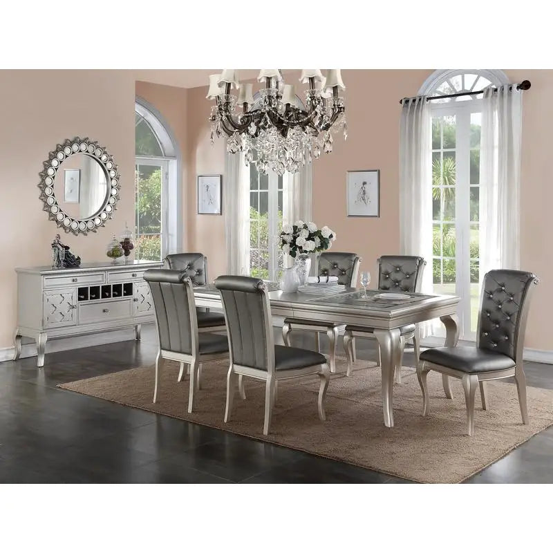 7pc Rect. Glass Dining Table Set w/ Silver Hue & 6 Tufted Side Chairs for Dining Room