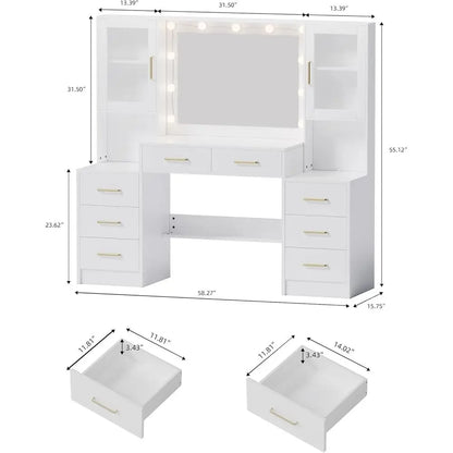 8-Drawer 2-Cabinet Vanity Desk with Mirror, Lights, and Charging Station for Bedroom Makeup Area