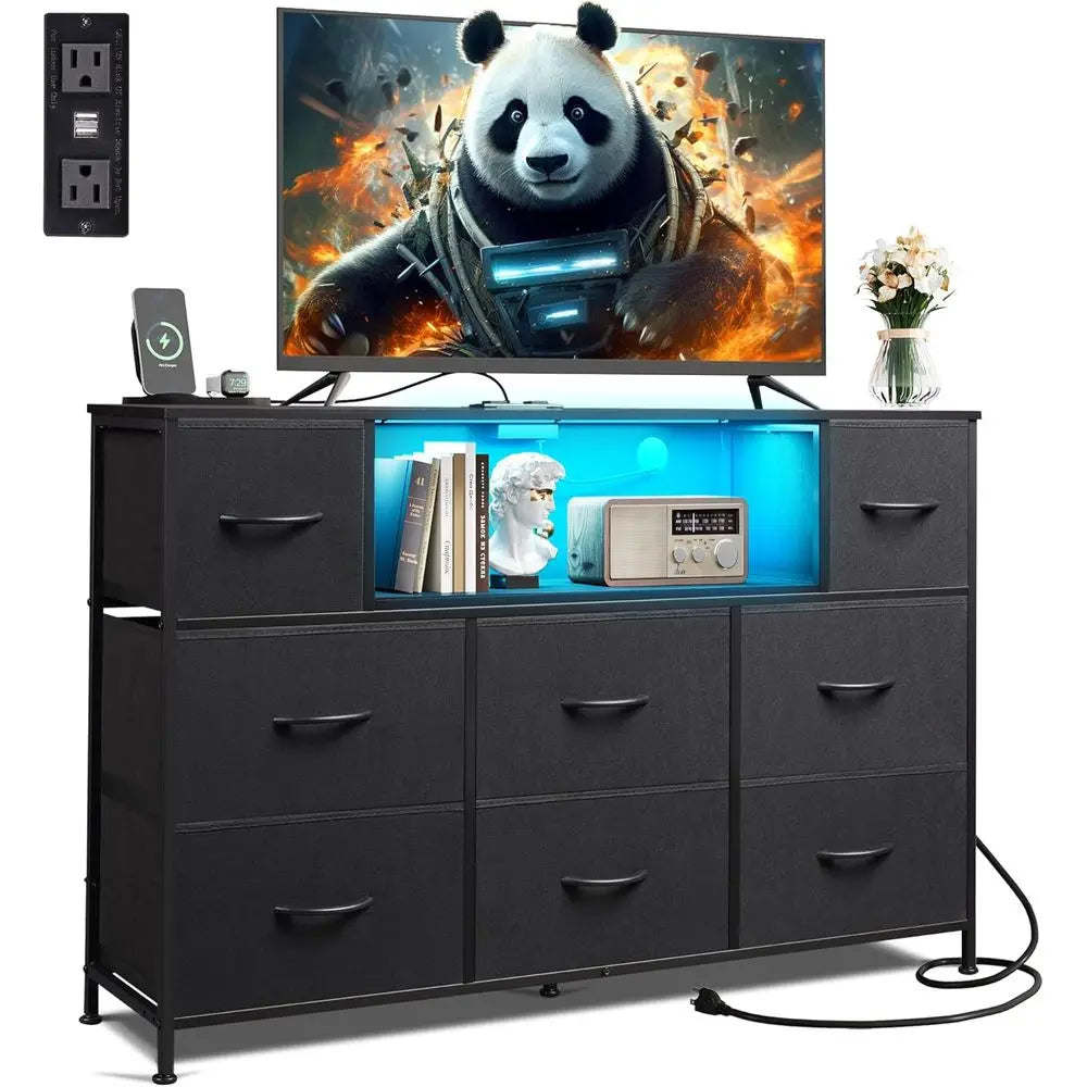 45-55 Inch TV Stand with LED Lights, Charging Station, 8 Drawers and Open Shelves for Living Room and Hallway