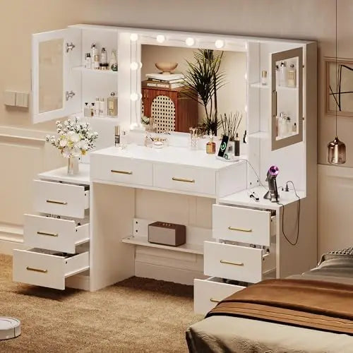 58.3' Vanity Desk with Mirror, Lights & Charging Station, 8 Drawers, 2 Cabinets