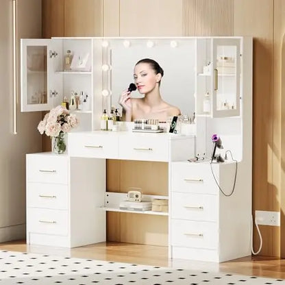58.3' Vanity Desk with Mirror, Lights & Charging Station, 8 Drawers, 2 Cabinets