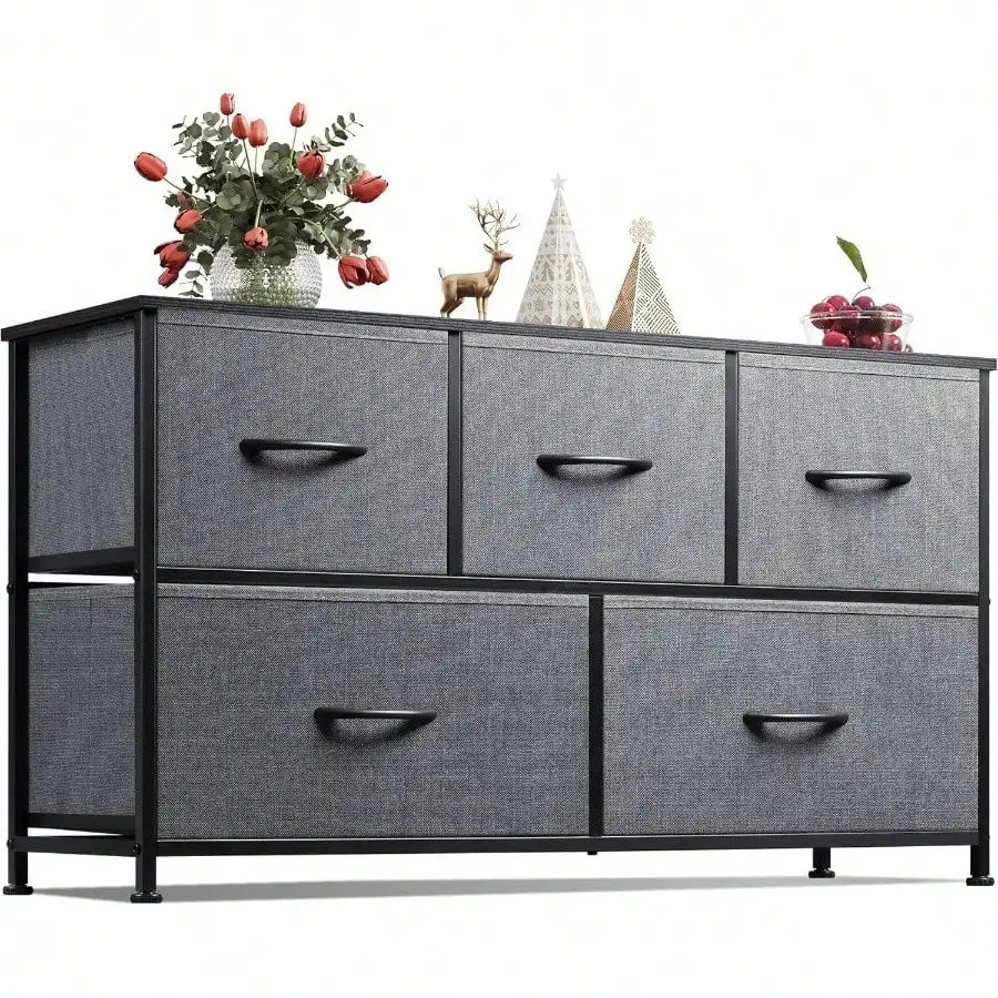 5-Drawer Fabric Dresser – Wide Storage Organizer with Bins for Bedroom, Closet, Living Room, Hallway (Dark)