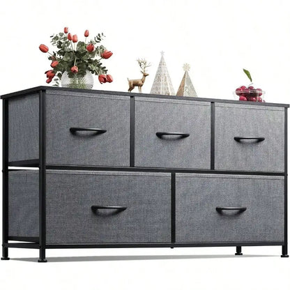 5-Drawer Fabric Dresser – Wide Storage Organizer with Bins for Bedroom, Closet, Living Room, Hallway (Dark)
