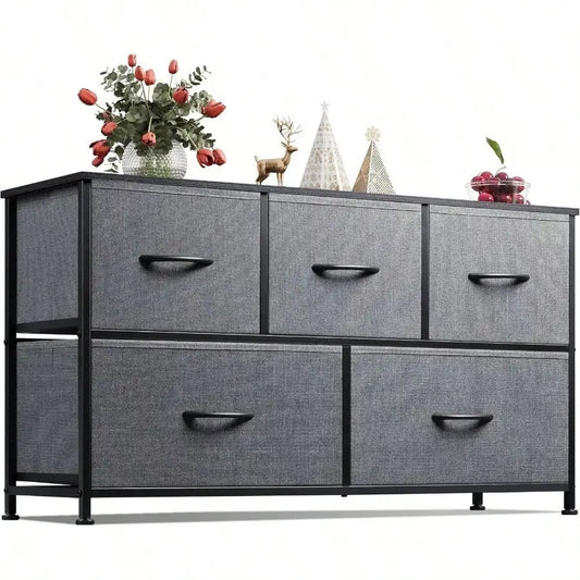 5-Drawer Fabric Dresser – Wide Storage Organizer with Bins for Bedroom, Closet, Living Room, Hallway (Dark)