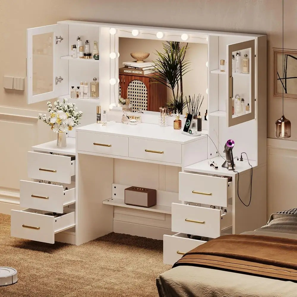 8-Drawer 2-Cabinet Vanity Desk with Mirror, Lights, and Charging Station for Bedroom Makeup Area