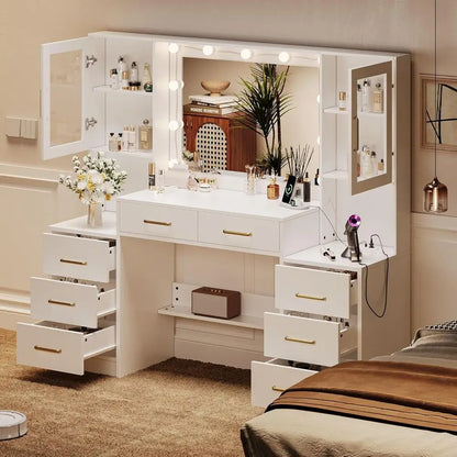 8-Drawer 2-Cabinet Vanity Desk with Mirror, Lights, and Charging Station for Bedroom Makeup Area