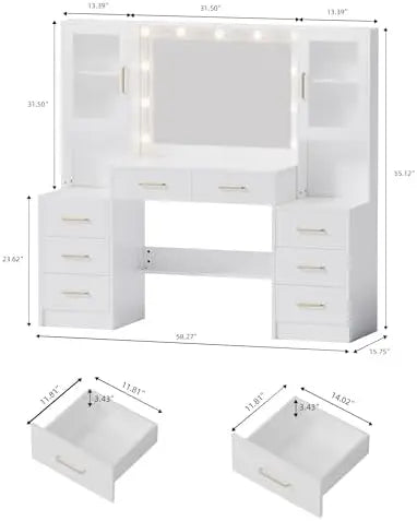 58.3' Vanity Desk with Mirror, Lights & Charging Station, 8 Drawers, 2 Cabinets
