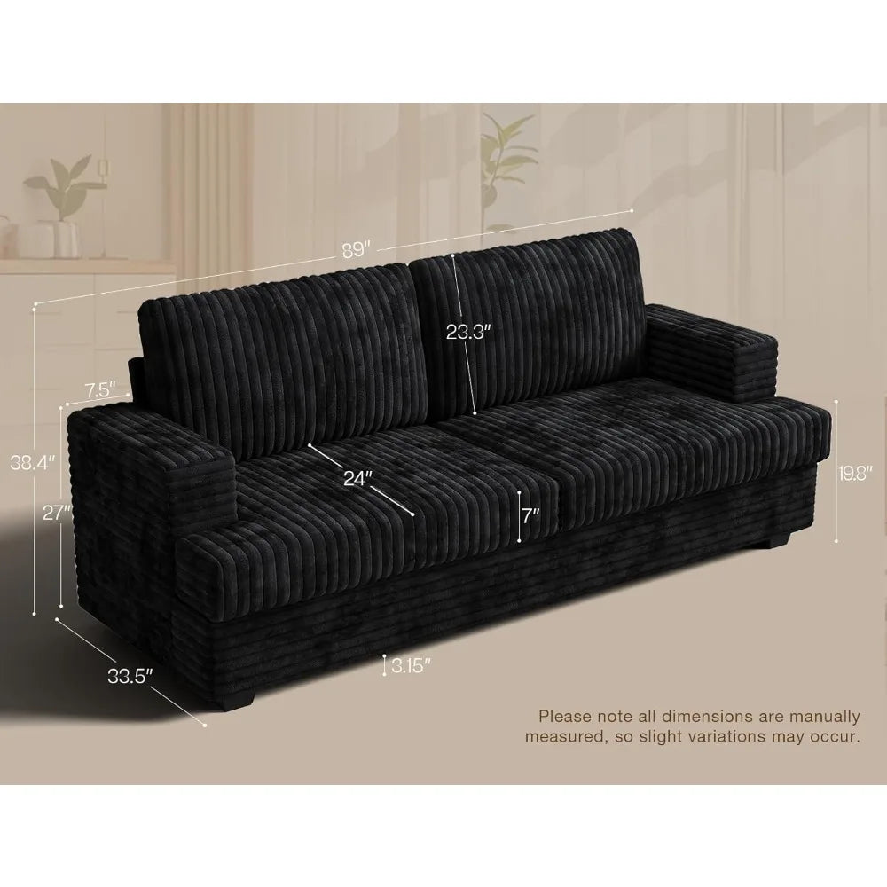 89" 2 Seater Black Couches for Living Room Sofas Modern Comfy Corduroy Couch with Deep Seats Oversized Loveseat Sofa
