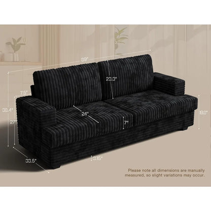89" 2 Seater Black Couches for Living Room Sofas Modern Comfy Corduroy Couch with Deep Seats Oversized Loveseat Sofa